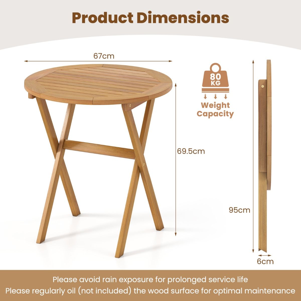 Table de jardin ronde Coast - pliable - bois d'acacia - 67 cm - naturel