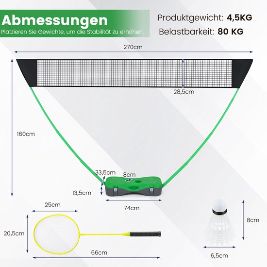 COSTWAY Support de filet de badminton, jeu de navette portable avec raquettes, 2 navettes, filet et boîte de rangement, set complet de badminton pour badminton/tennis et volley-ball pour l'intérieur et l'extérieur