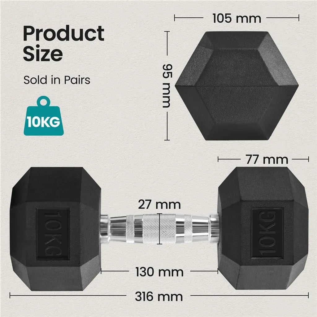 Ensemble d'haltères Yaheetech 2 x 10 kg – Noir – Haltères hexagonaux en caoutchouc – 32 x 13,5 x 12 cm