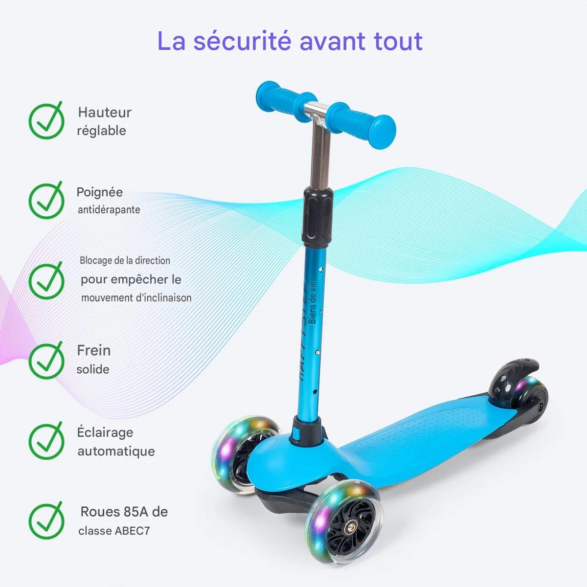 Trottinette pour enfants - LifeGoods HappyStep - 2-5 ans - 3 roues lumineuses - Garçons/Filles - Bleu