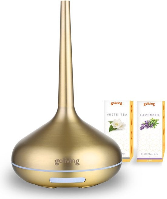 Goliving Diffuseur d'arômes - Humidificateur - Aromathérapie - 2 huiles essentielles incluses - 10 couleurs LED - Diffuseur de parfum - Or