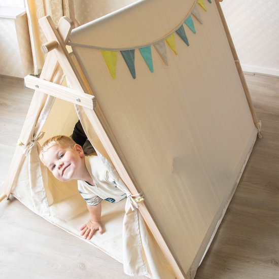 Sunny Sienna Tente de jeu avec drapeaux et tapis de sol crème - Tente Tipi Wigwam pour enfants avec pendule et sac de rangement - Arceaux en bois FSC - 120x100x105cm