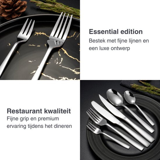 Deleca 6 Person Cutlery Set Essential (36 pieces) - Spoons, Knives, Forks, Steak Knives & Pastry Forks - Coutellerie lavable au lave-vaisselle - Shiny Silver / Stainless Steel
