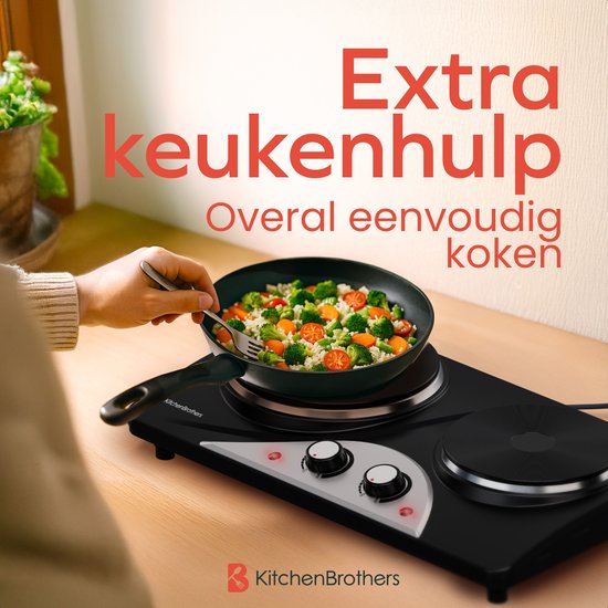 KitchenBrothers Table de cuisson électrique - 2 brûleurs - pose libre - 7 réglages de température - 1500W + 1000W - Noir