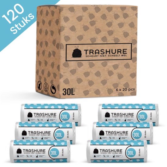 Sacs poubelle Trashure - 30 L - Compatibles avec la poubelle Brabantia Code O - 6 rouleaux de 20 pièces - 30 litres avec fermeture à cordon