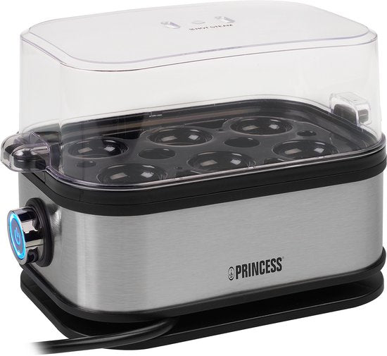 Cuiseur à œufs Princess 262046 – pour 1 à 6 œufs – 400 W – acier inoxydable – cuisson dure, molle et moyenne – minuterie – avec gobelet doseur et pic à œufs