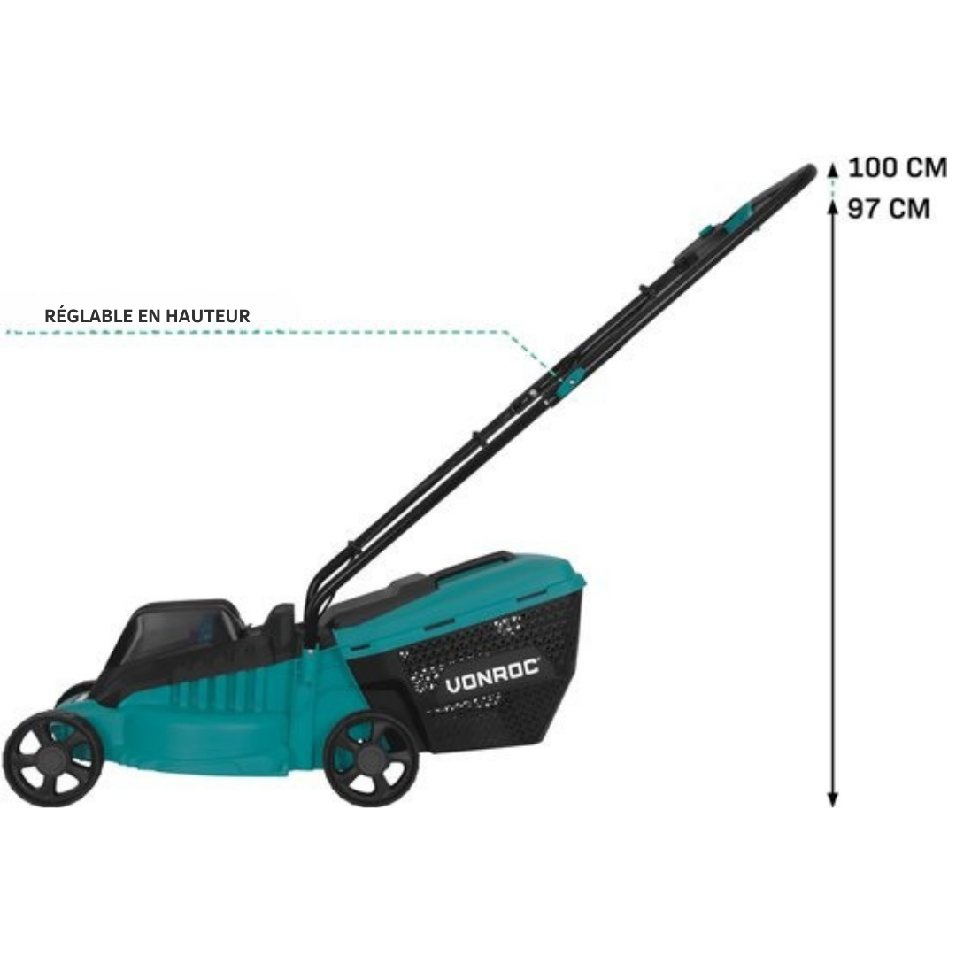 VONROC Tondeuse Accu 20V - Largeur de coupe 32 cm - Moteur sans balais - Trois hauteurs de coupe réglables : 30/50/70 mm - Bac de ramassage 30L inclus - SANS batterie et chargeur