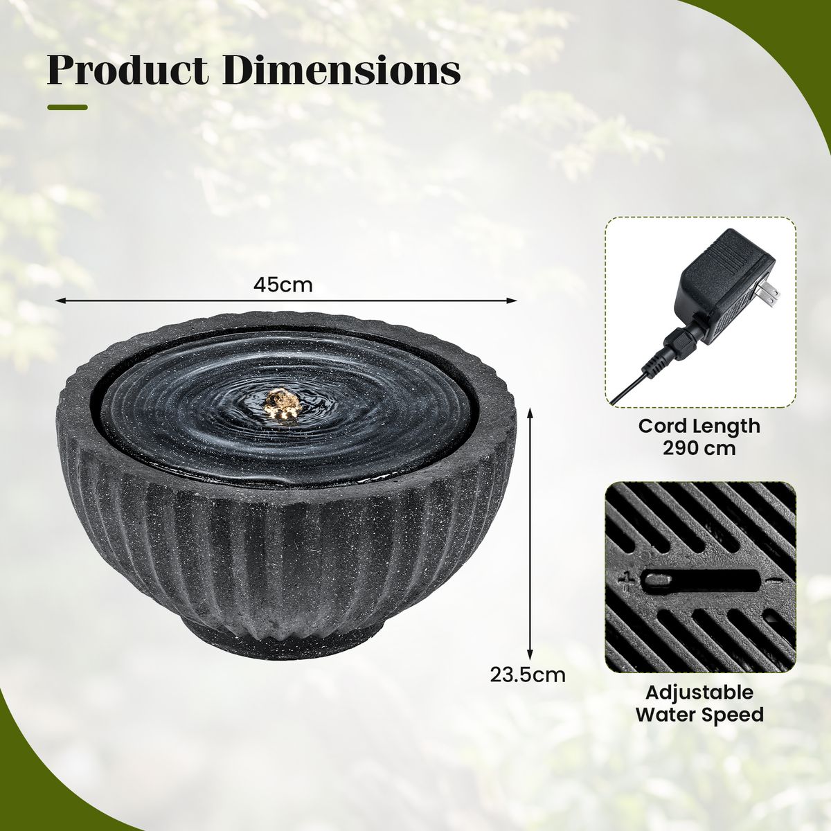 Fontaine de jardin ronde Coast - avec éclairage LED - aspect pierre - 45 x 45 x 23,5 cm - noir