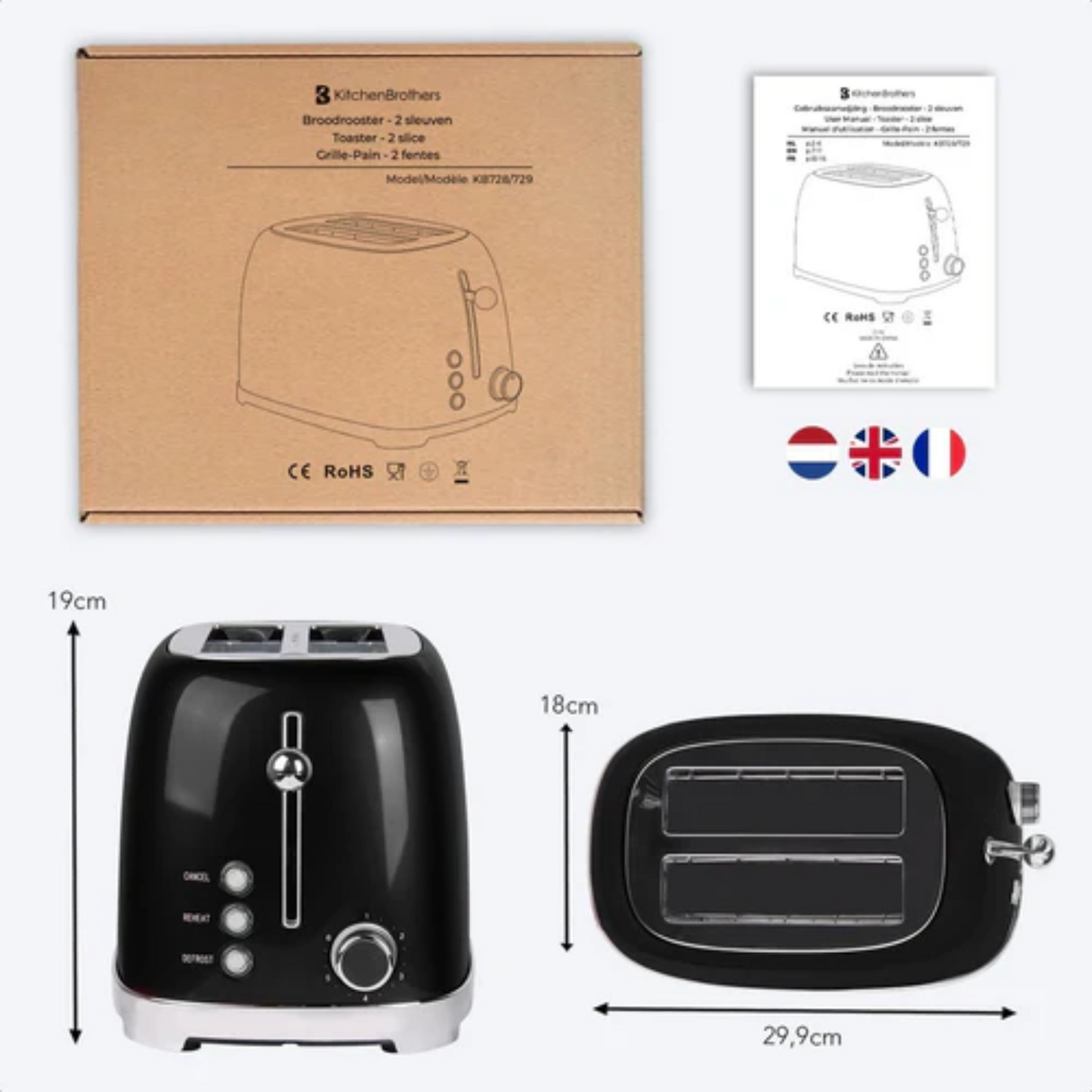 Grille-pain rétro - KitchenBrothers - 6 niveaux de chaleur - 2 fentes extra-larges - 1630W - réchauffe et décongèle - Noir