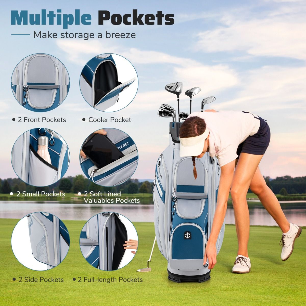 Sac de golf Coast avec 14 compartiments, 11 poches, sangle de transport et housse de pluie - Sac léger pour chariot de golf - 34x24x90.5 cm - Bleu marine
