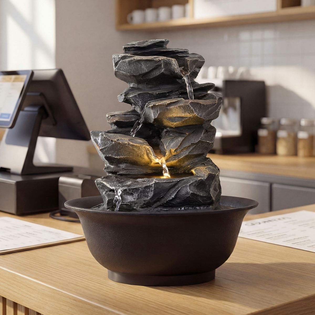 Fontaine de table Coast - cascade aspect rocheux - éclairage LED - noir - 21,5 x 26 cm