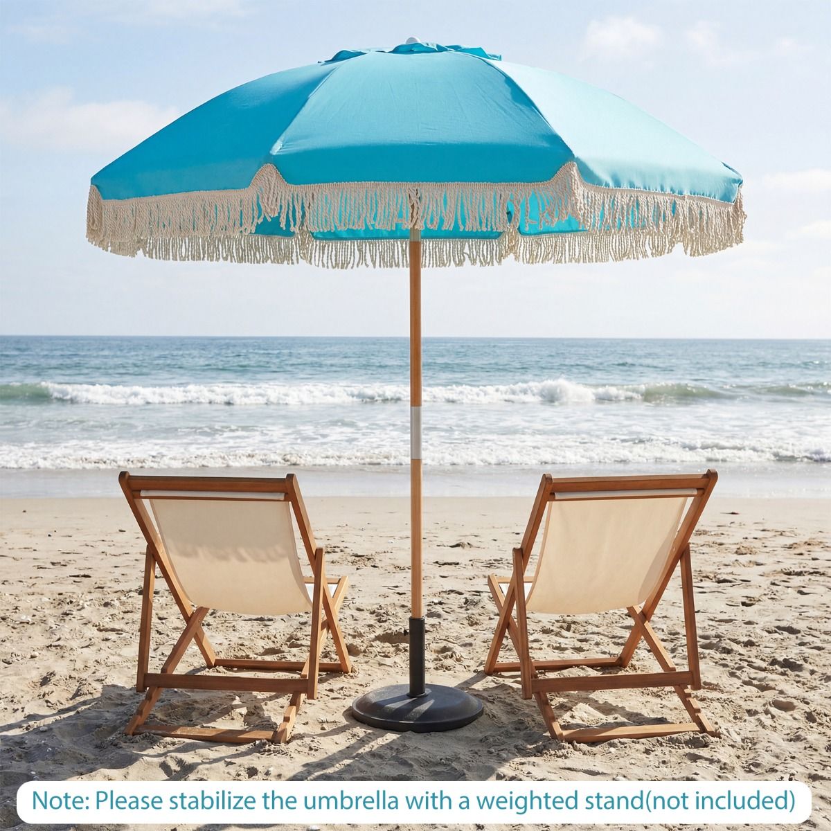 Parasol de jardin Coast à franges - parasol de plage en bois - inclinaison réglable - bleu