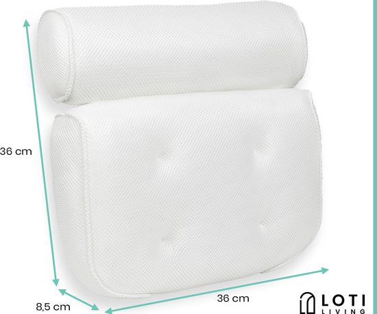 Loti Living Oreiller de bain - Oreiller de bain - Oreiller cervical de bain - Appui-tête de bain - Oreiller de bain avec ventouses - 6 ventouses - Oreiller cervical ergonomique - Antidérapant - Blanc