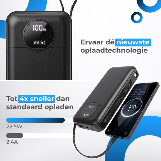 Nuvance Powerbank 20 000 mAh - Chargeur rapide 22,5 W USB-C et 8 broches - Kit d'urgence - 2 ports - 2 câbles intégrés - Powerbank