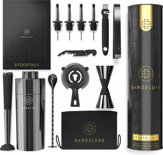 BarDeluxe® Cocktail Set - 12-Piece - Cocktail Shaker 750 ml - Stainless Steel - Includes Luxury Gift Box - Storage Bag & Recipe Book - Black
