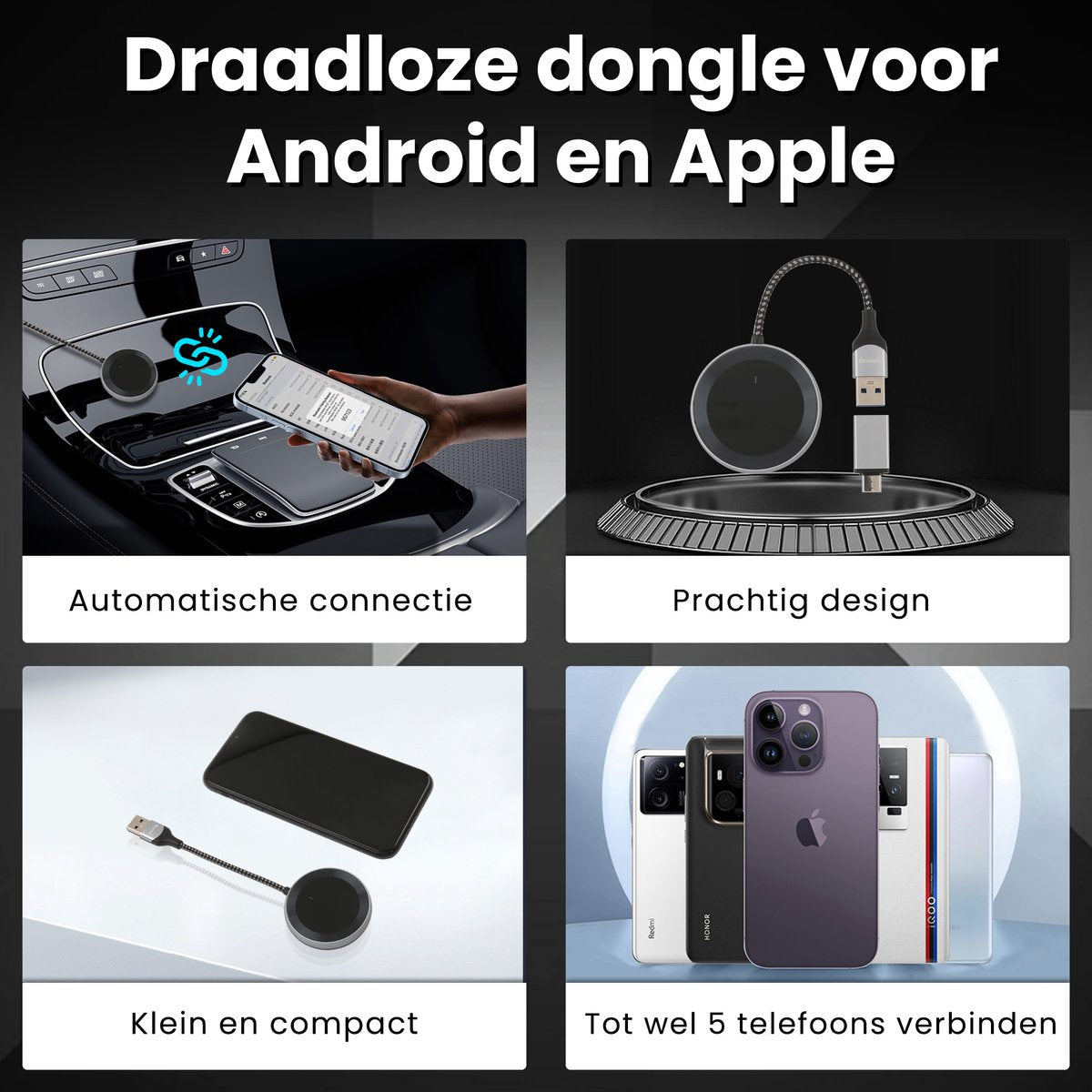 Saaf D200 Plus Apple CarPlay & Android Auto Dongle - Sans fil - USB-C & USB-A - Compact 6,5 x 3,5 x 1,2 cm