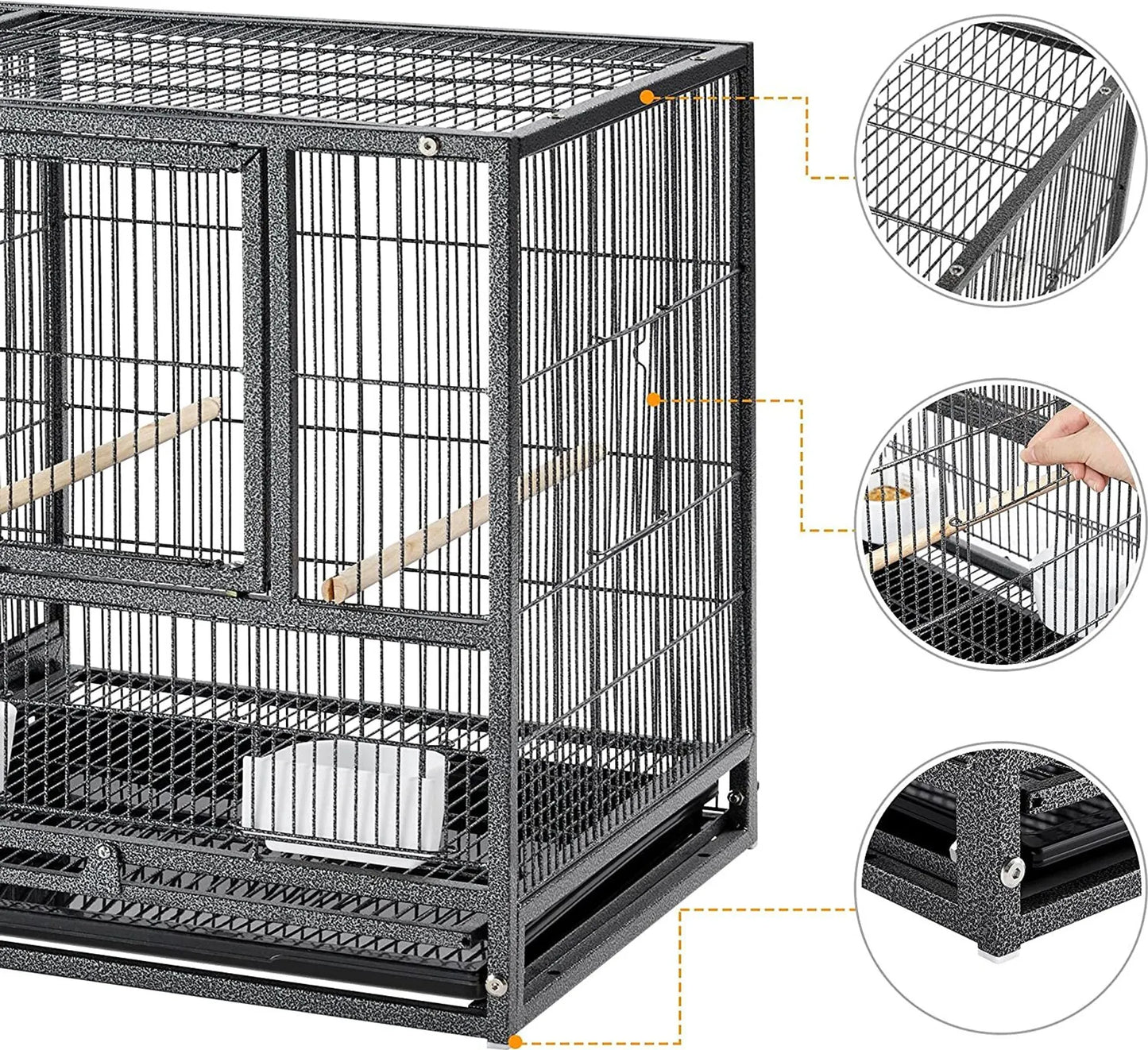 Yaheetech Bird Cage With Partition - With 1 cm Bar Spacing And 4 Feeders And Removable Bottom Drawer - For Parakeets And Canaries - Black Powder-Coated Metal - 95,5 x 45,5 x 105 cm