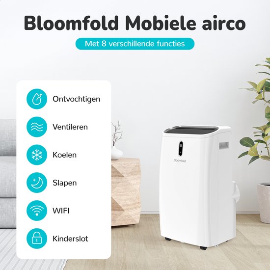 Climatiseur mobile Bloomfold - 12 000 BTU - 4 en 1 - Climatisation avec kits d'étanchéité pour fenêtres - Chambre à coucher - Salon - rafraîchir jusqu'à 35m².