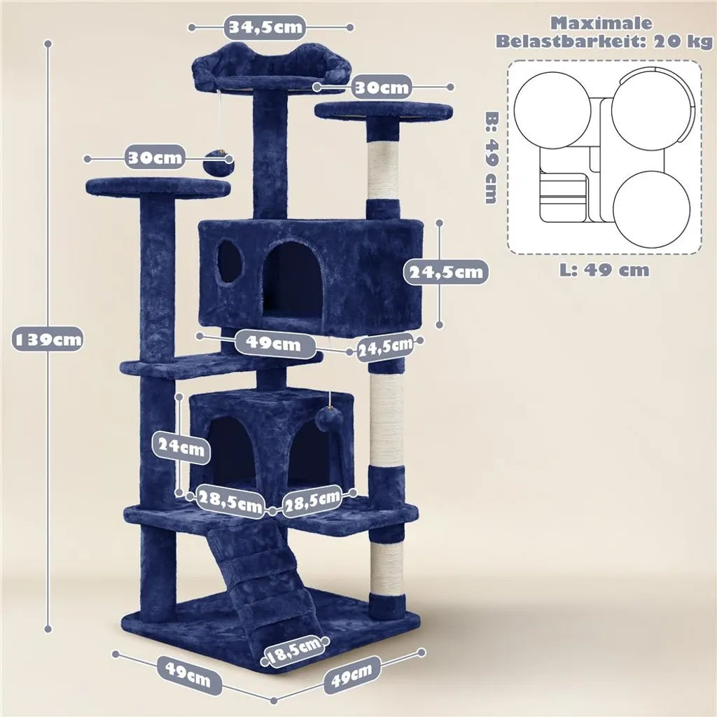 Arbre à chat Yaheetech 49 x 49 x 139 cm - Bleu marine - Arbre à chat avec 3 plateformes et 2 niches