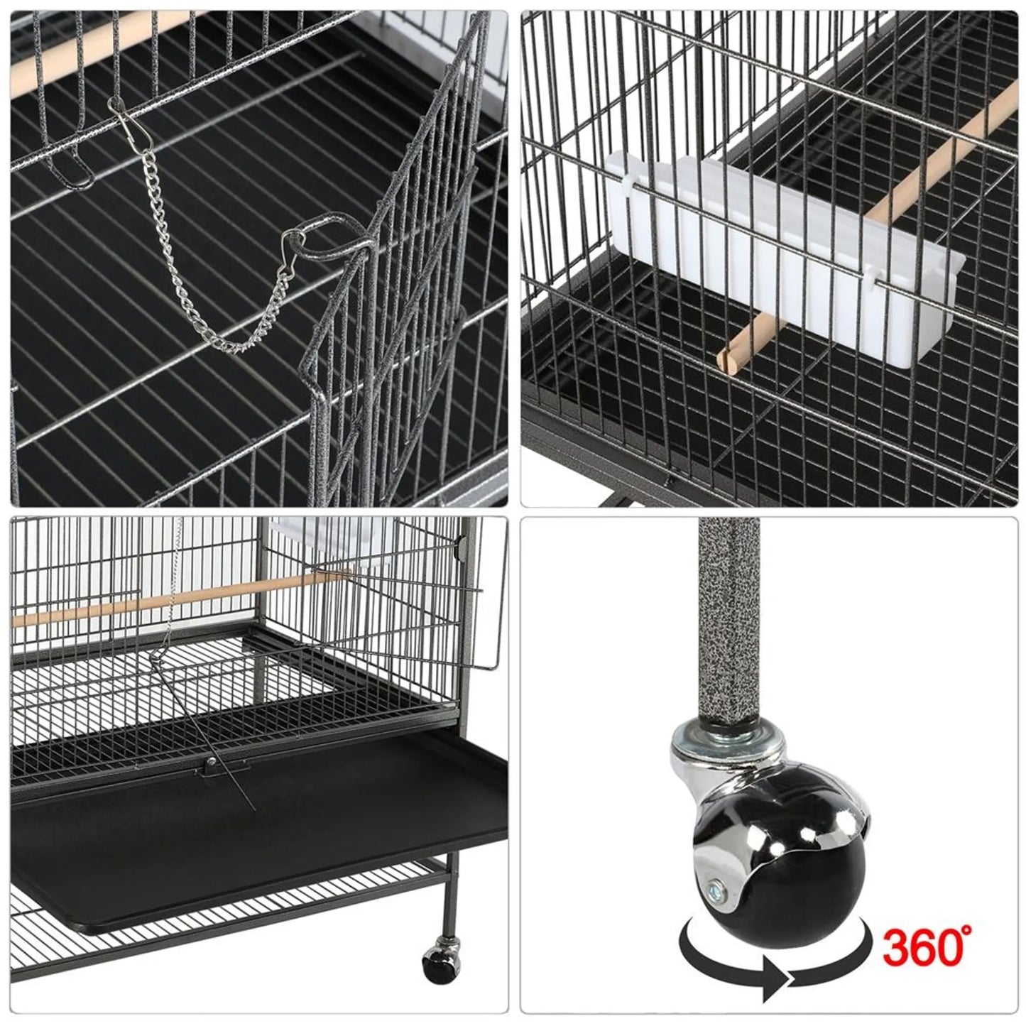 Yaheetech Cage à oiseaux XXL avec base mobile - équipée d'une porte sécurisée, d'une étagère de rangement et de 3 perchoirs en bois - pour perroquets et cacatoès - métal noir - 79 x 52 x 132 cm