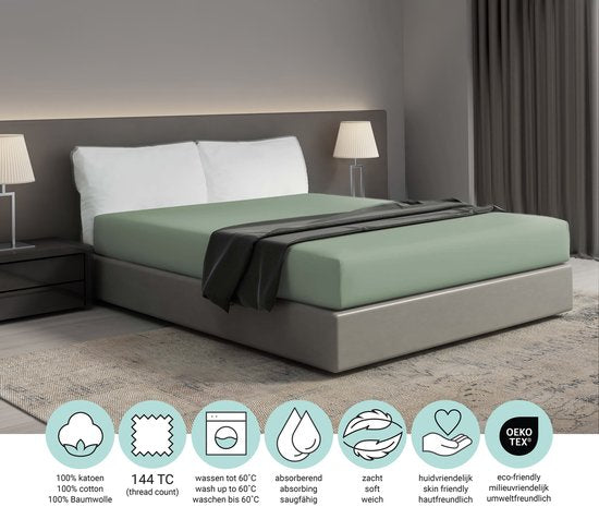 Drap-housse DoubleDry 100% coton naturel - Lit double 180x200 cm - Doux et respirant - Elastique sur tout le pourtour - Vieux Vert