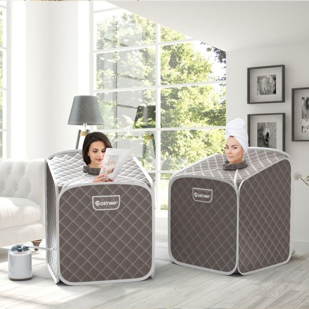 Coast Mini sauna vapeur 2L avec 9 niveaux de température - Sauna domestique - Cabine de chaleur - 85 × 84 × 106 cm - Gris - Noir - Marron