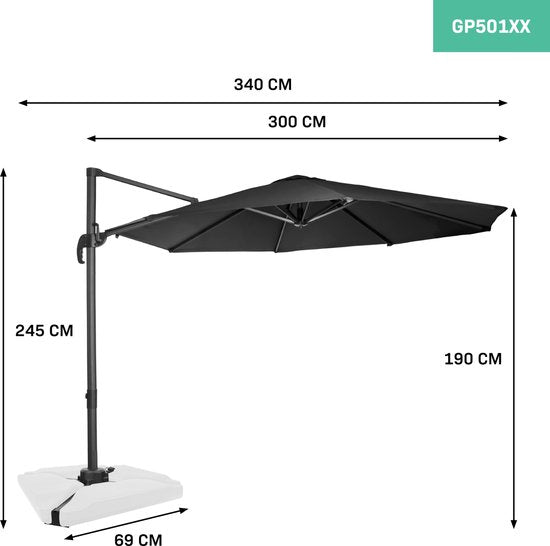 VONROC Premium Floating Parasol Bardolino Ø300cm - Base transversale et housse de protection incluses - Parasol rond - Orientable à 360° - Inclinable - Toile résistante aux UV - Noir