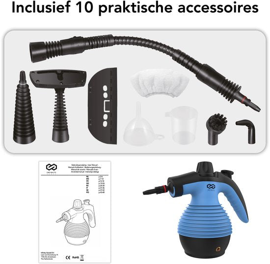 Nettoyeur vapeur Infinity Goods - Nettoyeur vapeur à main 12-en-1 - Nettoyeur vapeur à main - Détachant - Nettoyeur de tapis - 10 embouts - 1 050 watts - 3,2 bars - Bleu