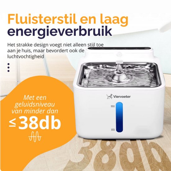Fontaine à eau sans fil Viervoeter en acier inoxydable - Fontaine à eau à capteur pour chats et chiens - Filtre inclus - 3,2 L - Autonomie de 30 jours - Silencieuse - Blanche