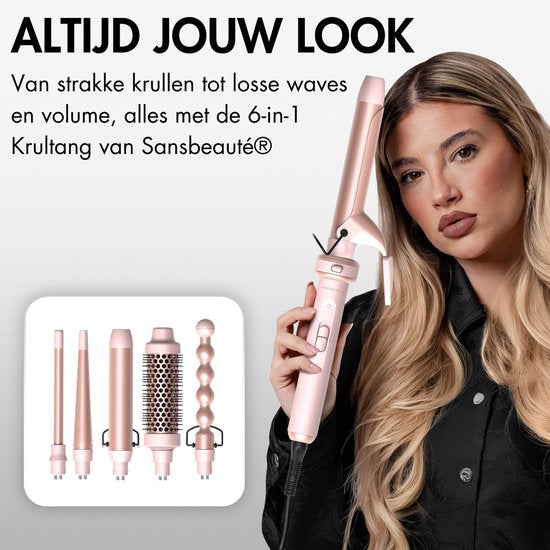 Sansbeauté® 6 en 1 Fer à boucler avec pince - Fer à boucler en céramique - 13mm à 38mm - Brosse pour sèche-cheveux cheveux courts - Brosse chauffante - Boucleurs - Brosse thermique - Styler les cheveux - Brosse à boucler 5 en 1
