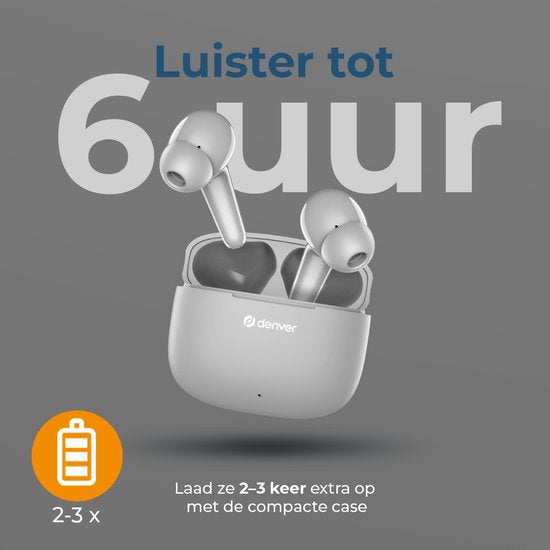 Ecouteurs Denver - Ecouteurs légers - 6 heures d'écoute - Bluetooth 5.3 - TWE48 - Gris