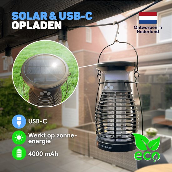Vulpes Goods® Repellent - Mosquito lamp PRO - Electric Insect Killer - Fly lamp - Insect lamp - UV mode & Night light - Suspendable - Rechargeable & Solar - Waterproof - Incl. collection tray & cleaning brush
