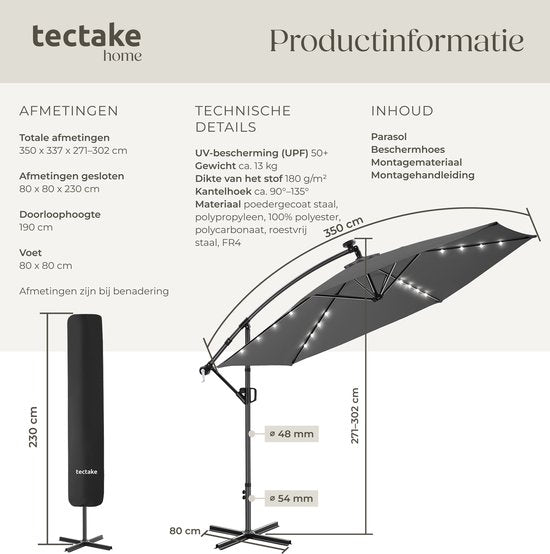 tectake® Parasol suspendu avec pied - 3,5 x 3,5 m - Parasol de jardin avec éclairage LED à énergie solaire - Orientable - Polyester hydrofuge avec protection UV - Housse incluse - Gris