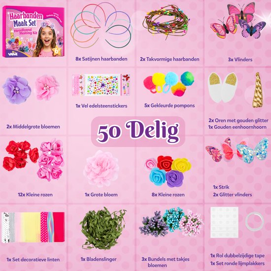 Vaive Hairband Craft Set 54-piece - Make 10 Hairbands - Headband Crafts for Girls - Jewellery Making - Craft kits