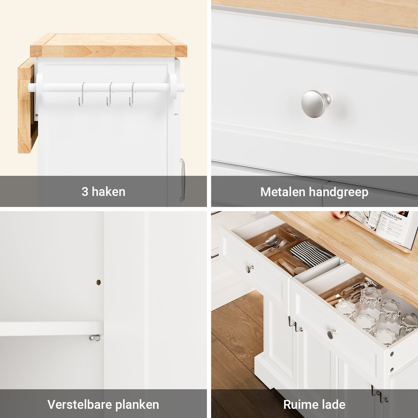 SoBuy FKW71-WN Chariot de cuisine avec plan de travail extensible - Blanc/Naturel - Chariot de service / Îlot de cuisine
