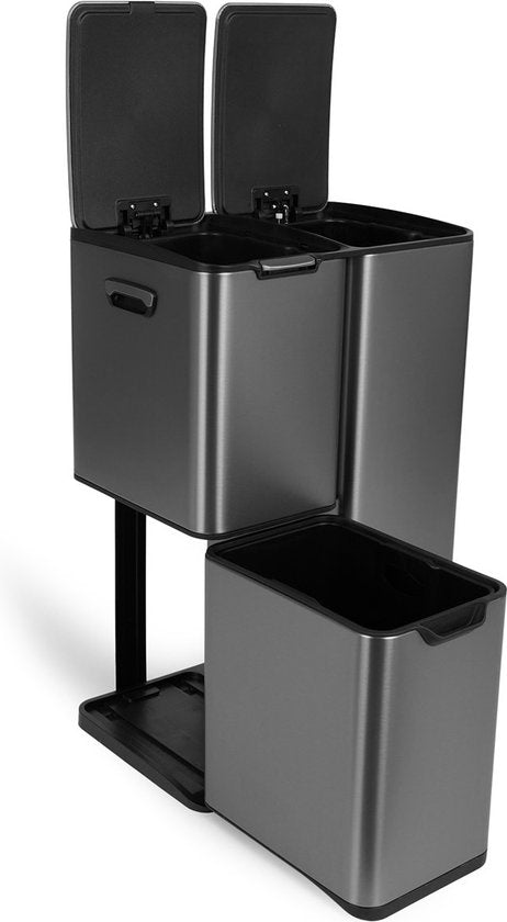 Umuzi Poubelle de nettoyage - 60L - Fermeture douce - Gris métallique - Séparation des déchets 3 bacs - 47 x 39 x 72