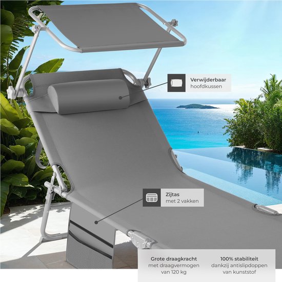 tectake® - bain de soleil bain de soleil - 4 positions, pliable - gris - 68 x 190 x 28 cm, avec poche latérale