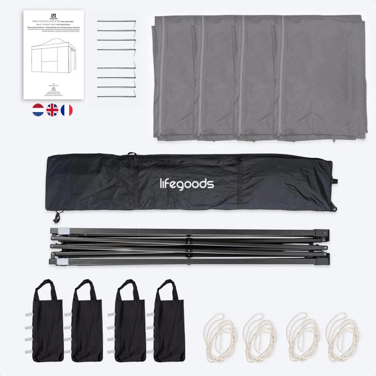 Tonnelle de jardin - LifeGoods - 3x4.5m - Avec sac de transport à roulettes - Gris foncé