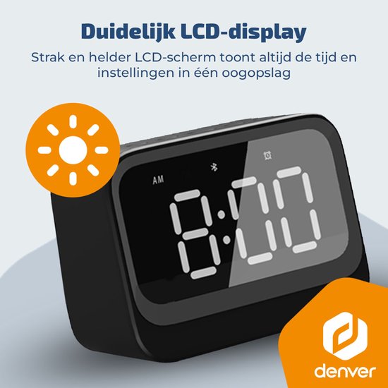 Réveil numérique Denver - Haut-parleur Bluetooth - Double alarme - Ecran LCD - EC54B - Noir