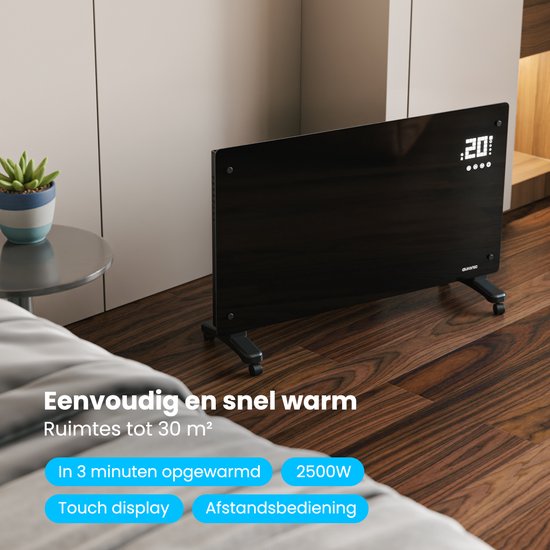 Auronic Electric Heater - Convector Heater with Thermostat and Remote Control - Glass Panel Heater - 2500W Heater - Black