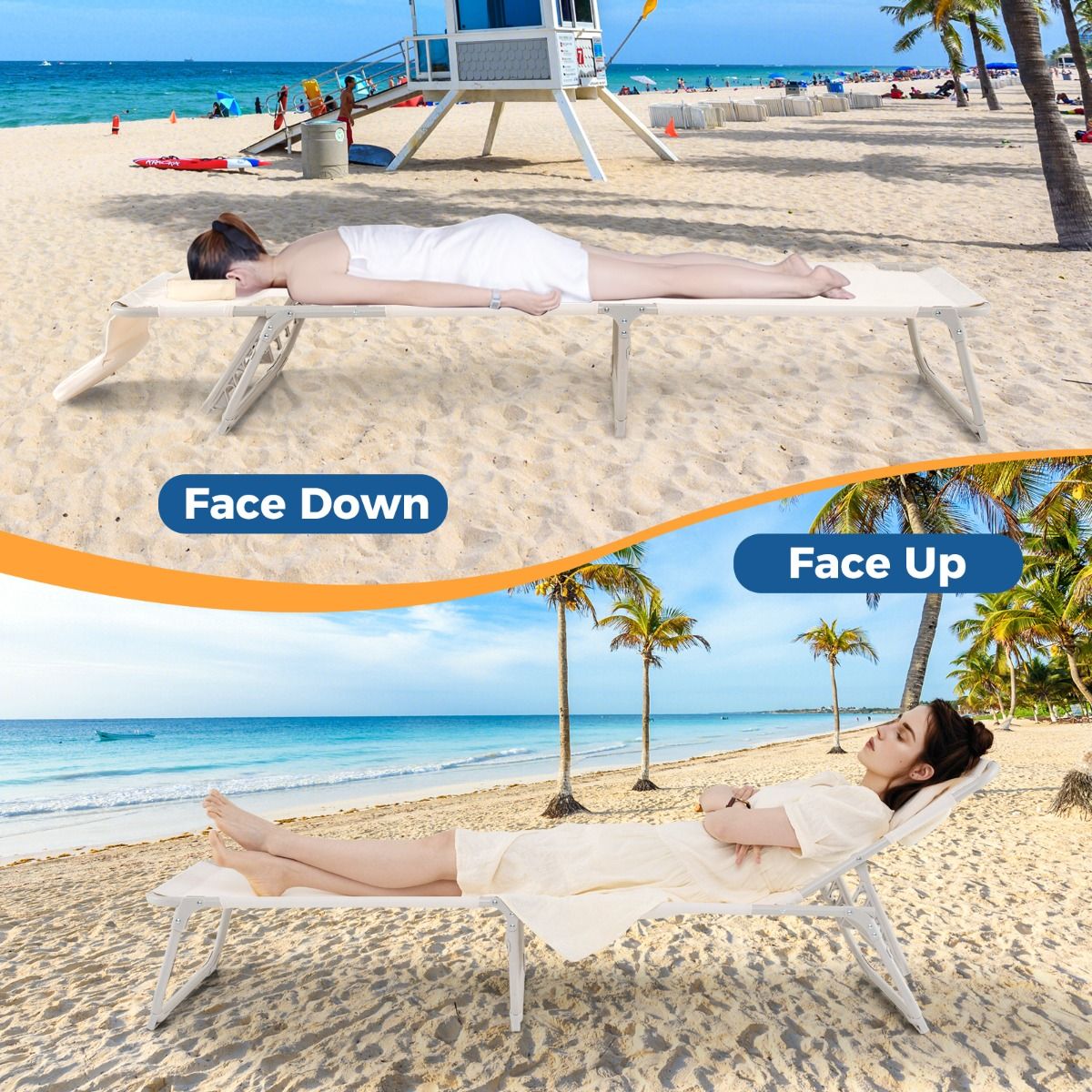 Bain de soleil Coast Beige - Bain de soleil pliable pour la plage et la terrasse avec ouvertures pour le visage et les bras, dossier et repose-pieds réglables - 190 x 56 x 62 cm