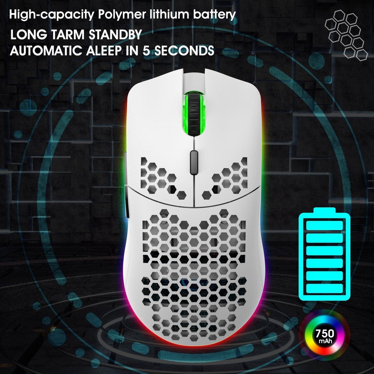 HXSJ T66 2.4G Wireless Gaming Mouse - Souris d'ordinateur - Ultra légère - Compacte pour les voyages - Eclairage RGB - Blanc