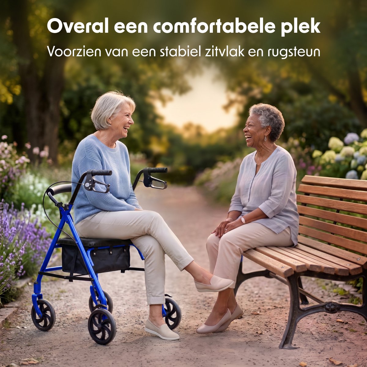 Rollator LifeGoods Basic : léger et pliable - Avec siège et dossier - Réglable de 79 à 89 cm - Capacité de charge de 136 kg - 66 x 59 x 79-89 cm - Bleu foncé