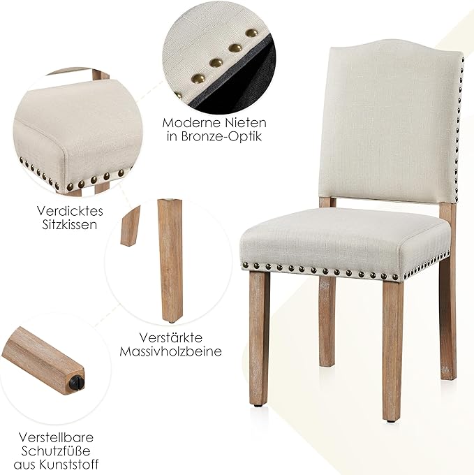 Yaheetech - Lot de 2 chaises de salle à manger rembourrées avec pieds en bois - Beige - Poids max. : 136 kg