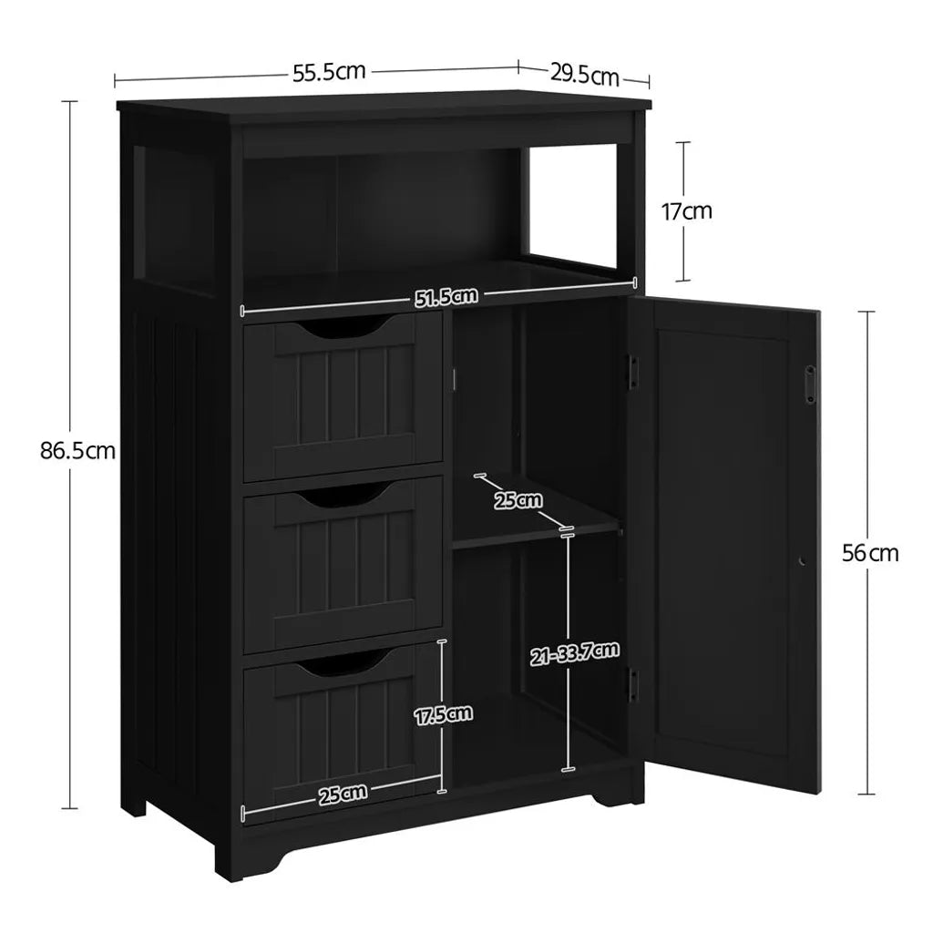 Armoire de salle de bains Yaheetech 55,5 x 29,5 x 86,5 cm - Noir - Meuble de salle de bains avec 3 tiroirs et une étagère réglable
