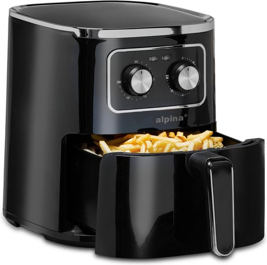 alpina Airfryer 4.5L- Friteuse à air chaud pour 3 à 4 personnes - Friteuse à air avec température réglable de 80°C à 200°C - Minuterie jusqu'à 60 minutes - Friteuse à air chaud 1450W - Noir