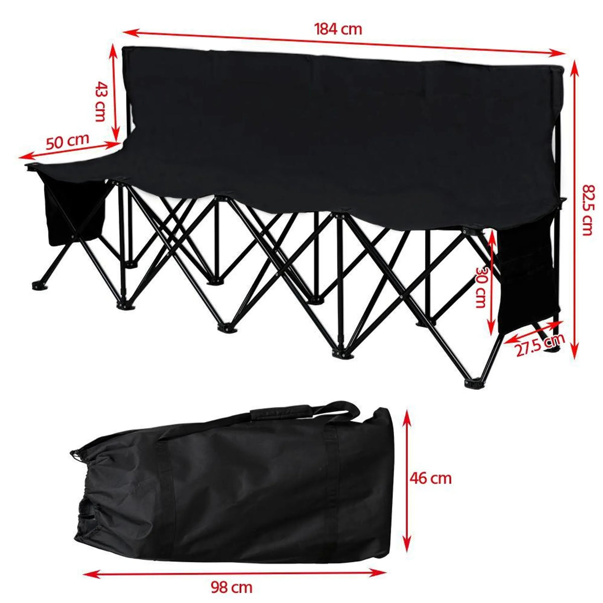 Yaheetech Banc de camping pliable pour 4 personnes - 184 x 49 x 82,5 cm - équipé d'un tissu 600D Oxford et d'un sac de transport et de 2 compartiments de rangement - pour le camping et les tournois sportifs - métal noir