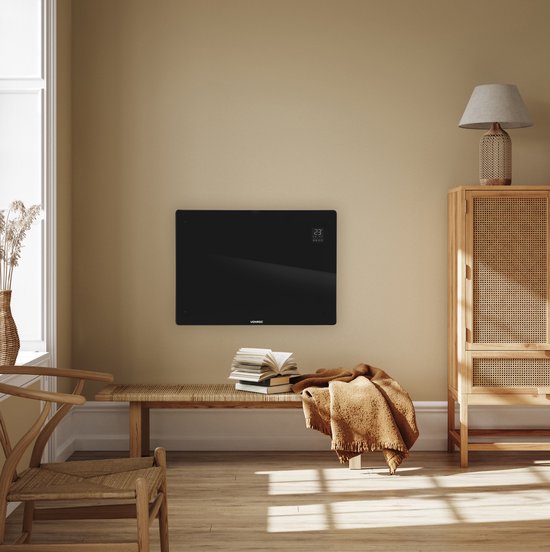 Chauffage électrique - VONROC  - Convecteur avec panneau en verre - 750W/1500W - Chauffe les pièces jusqu'à 18m2 - Contrôlé par l'application (via Wifi) et manuellement - Thermostat et minuterie réglables - Noir