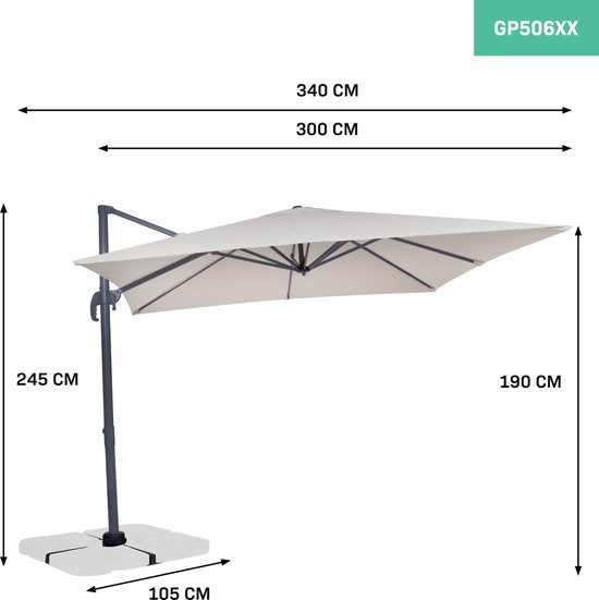 VONROC Premium Parasol flottant Pisogne 300x300cm - Base transversale et housse de protection incluses - Parasol carré - Rotation 360° - Inclinaison - Toile résistante aux UV - Beige