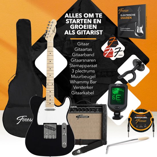 Guitare électrique Finesse avec ampli - avec cours vidéo - TE Guitare - Adultes - Enfants - Noir
